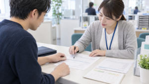 国民健康保険料の通知書と収入の資料を、相談窓口でスタッフと確認する若い男性