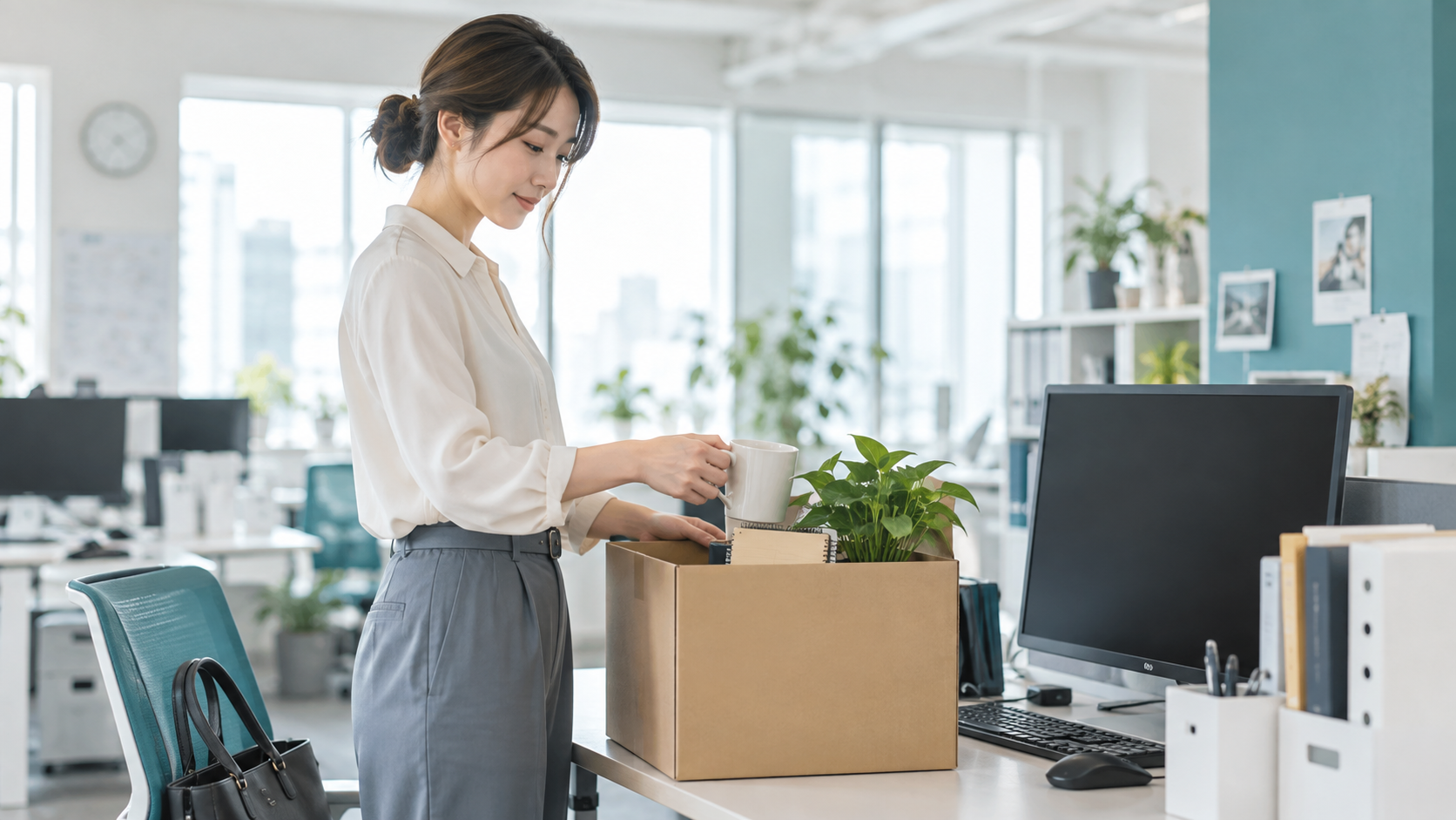 退職に備えて職場の私物を箱にまとめる女性