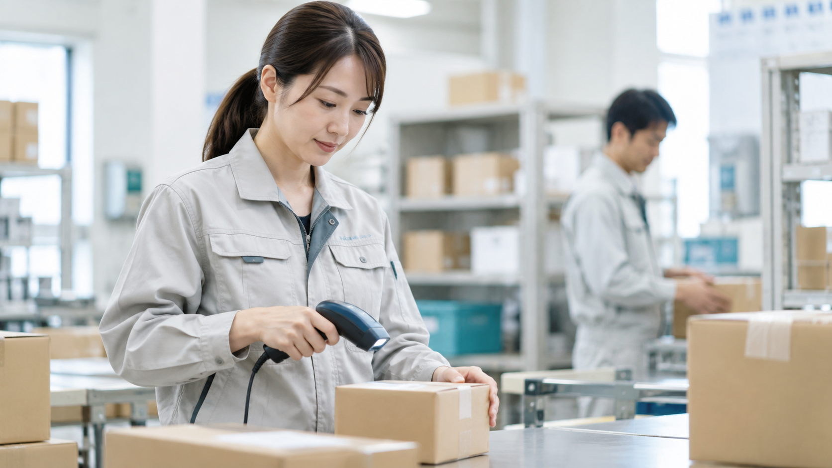 明るい物流の職場で、荷物の確認業務を行う30歳前後の女性