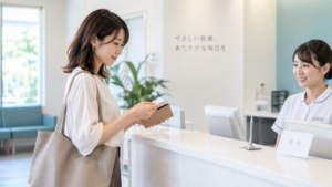 医療機関の受付で保険関係の書類を用意する女性