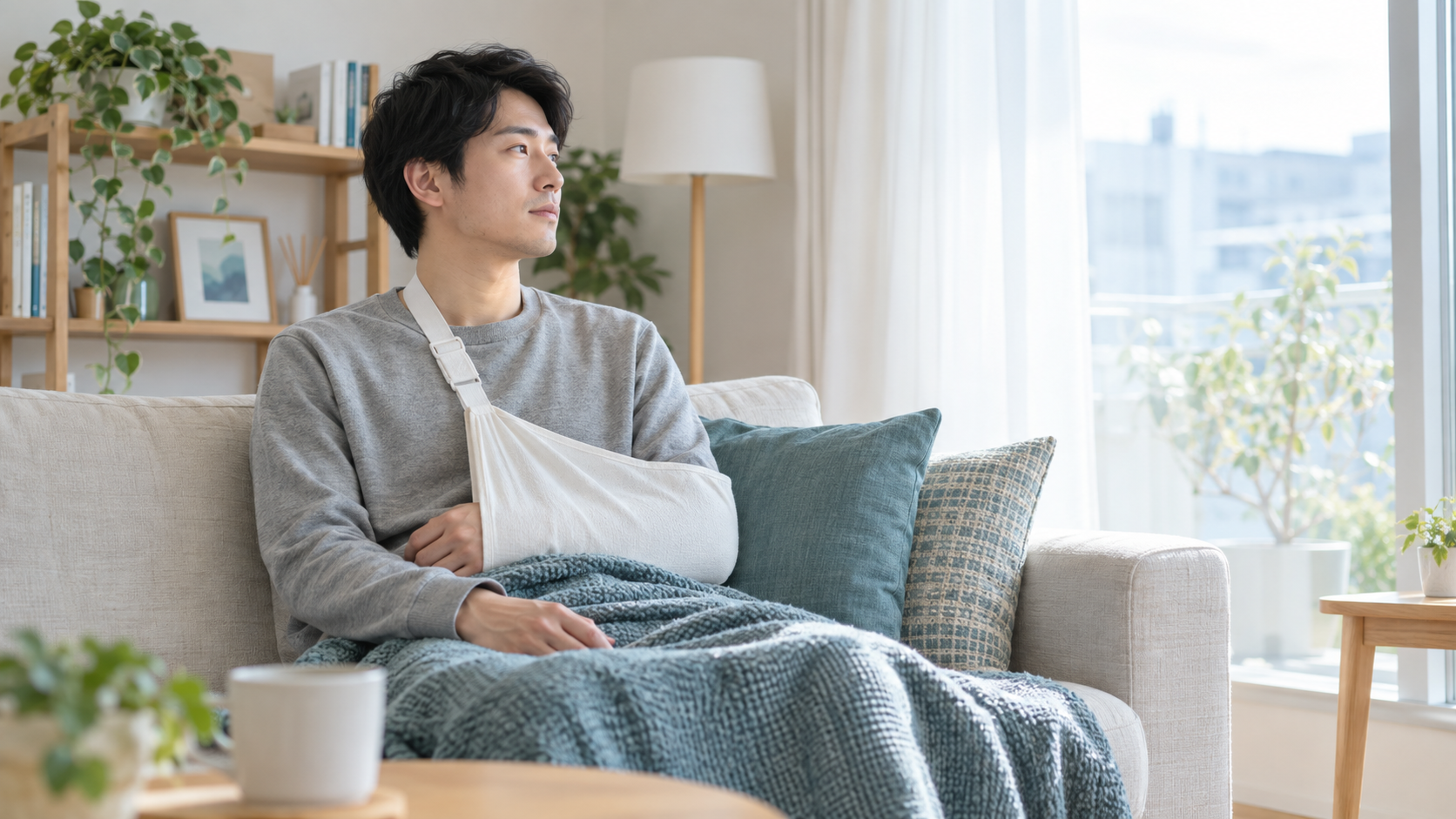 腕を支えるスリングを着け、自宅のソファで休養する30歳前後の男性