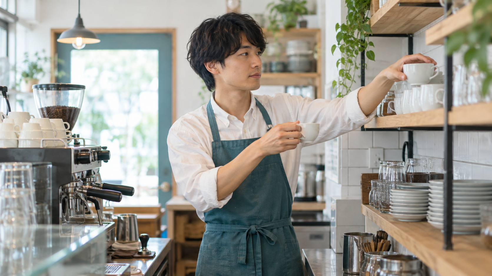 カフェのカウンターでカップを片付けるアルバイトの男性
