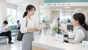 行政窓口の受付で手続きの相談をする女性