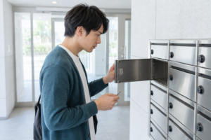 集合住宅の空の郵便受けを開き、郵便物の到着を確認する男性