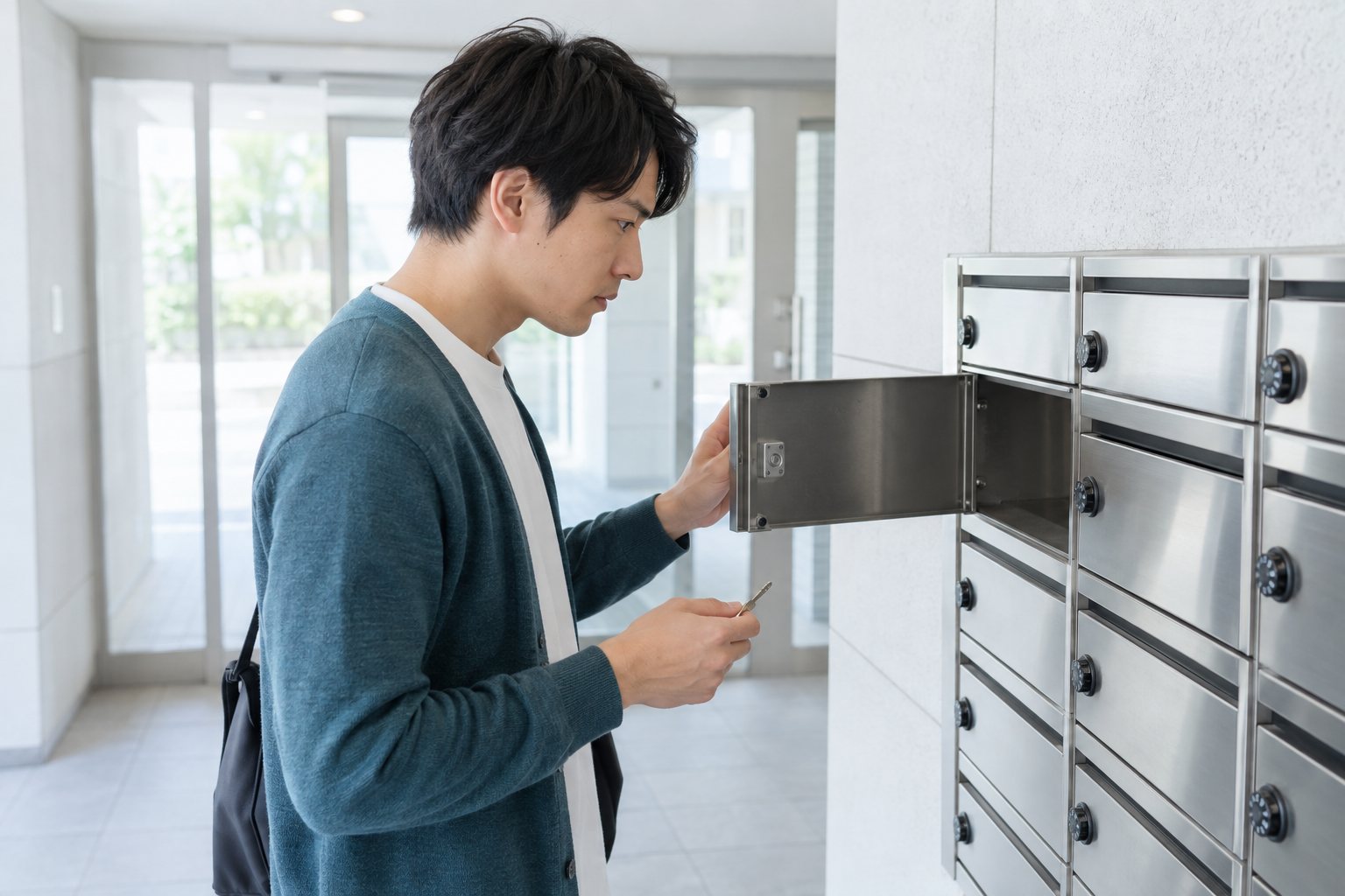 集合住宅の空の郵便受けを開き、郵便物の到着を確認する男性