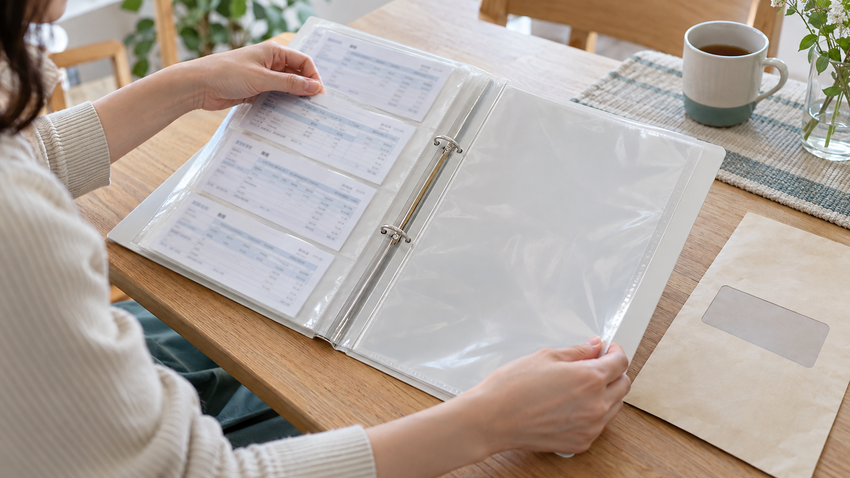 給与明細を保管したファイルを開き、空の書類ポケットを確認する手元